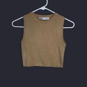 Zara Ribbed Knit Crop Tank Top Neutral Brown